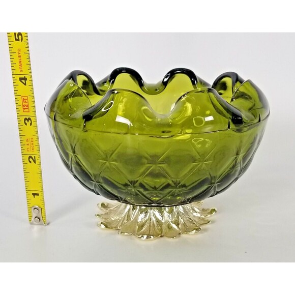 VTG Indiana Glass Avocado Green Crimped Edge Diamond Duette Bowl MCM Pineapple - Picture 2 of 9